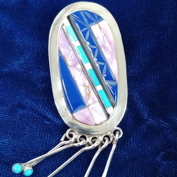 Vintage Native American Multi Stone On Sterling Silver Dangle Earrings Post - Picture 9 of 16